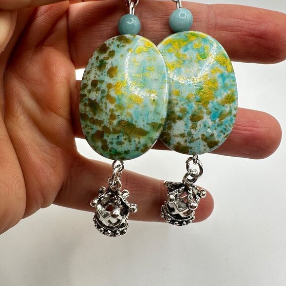 SALE! 3” dangle earrings with painted acrylic beads, stone, and crown charms! - Picture 3 of 13